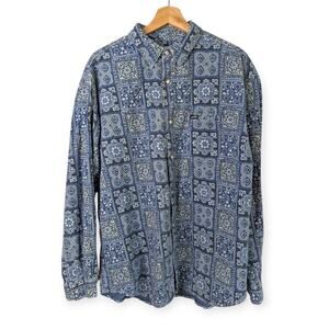 Vintage GUESS USA Denim Shirt 80s 90s ~ Tile print long sleeve snap front